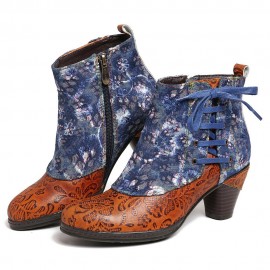 Retro Embossed Genuine Leather Splicing Folkways Flower Pattern High Heel Boots