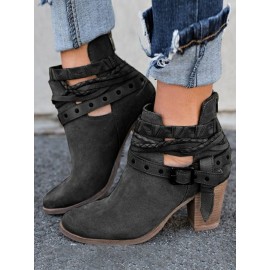 Women Comfortable Round Toe Braided Strap Back-Zip Buckle Casual Ankle Boots