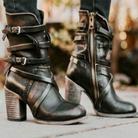 Large Size Women Motorcycle Buckle Strappy Zipper High Heel Middle Boots