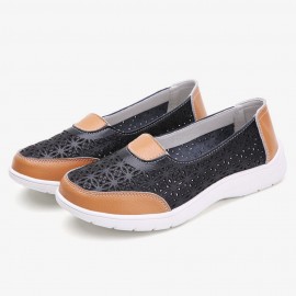 Women Hollow Leather Slip On Solid color Soft Sole Flats Shoes