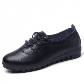 Women Lace-up Leather Solid Color Soft Sole Flat Shoes