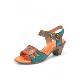 Elegant  Floral Printed Splicing Cut-out Genuine Leather Hook Loop Chunky Heel Sandals