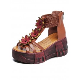 Leather Cozy Bohemia Floral Open Toe Back Zip Platform Sandals