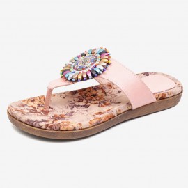 Beaded Flip Flops Flower Printing  Clip Toe Beach Sandals