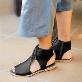 Women Hollow Out Comfy Retro Size Zipper Casual Flat Sandals