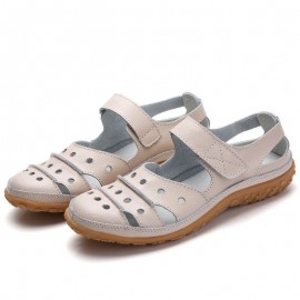 Leather Hollow Out Hook Loop Casual Flat Sandals For Women