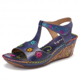 Leather Bohemian Cutout Flower Pattern Hook Loop Open Toe Casual Comfy Wedge Sandals