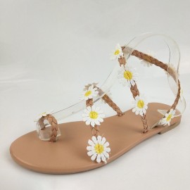 Women Braided Strap Flowers Decor Comfy Clip Toe Beach Sandals