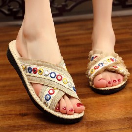 Women Folkways Circle Sequined Handmade Embroidered Peep Toe Slippers