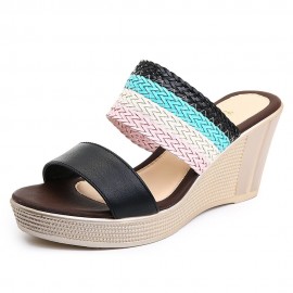 Women Casual Weaven Platform Wedge Heel Peep Toe Slippers