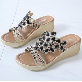 Women Rhinestone Decor Comfy Platform Wedges Slippers