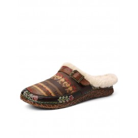 Ethnic Pattern Genuine Leather Soft Comfy Warm Fuzzy Casual Closed Toe Slippers